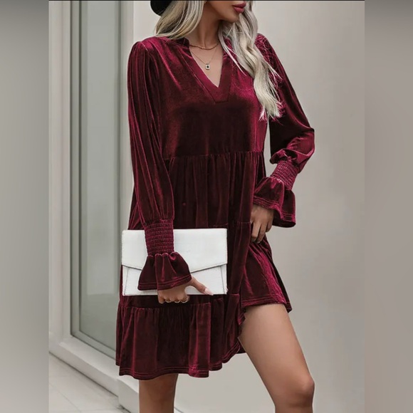 NWT Velvet Tiered Midi Dress, Burgundy, Long Sleeve V-Neck Swing Dress - Picture 4 of 5